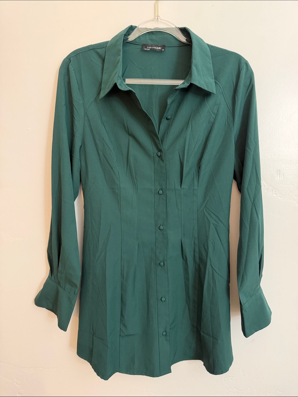 Lulumari Forest Green Button-Front Long Sleeve Shirt Dress L